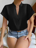 2024 Summer V-neck Women's Shirt Casual Office Lady Solid Color Short Sleeve Single Breasted Elegant Women Blouse Femme Blusas
