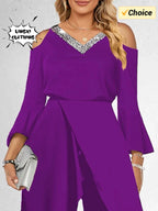 2024 Women's New Split Sequin Solid V-neck Basic Business Elegance Wide Leg Loose Sleeve Flare Sleeve Jumpsuit  Bodysuit