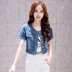2023 Spring/Summer New Denim Jacket Women's Korean Casual Slim All-Match Short Crop Sleeve Short Sleeve Denim Button Up Top