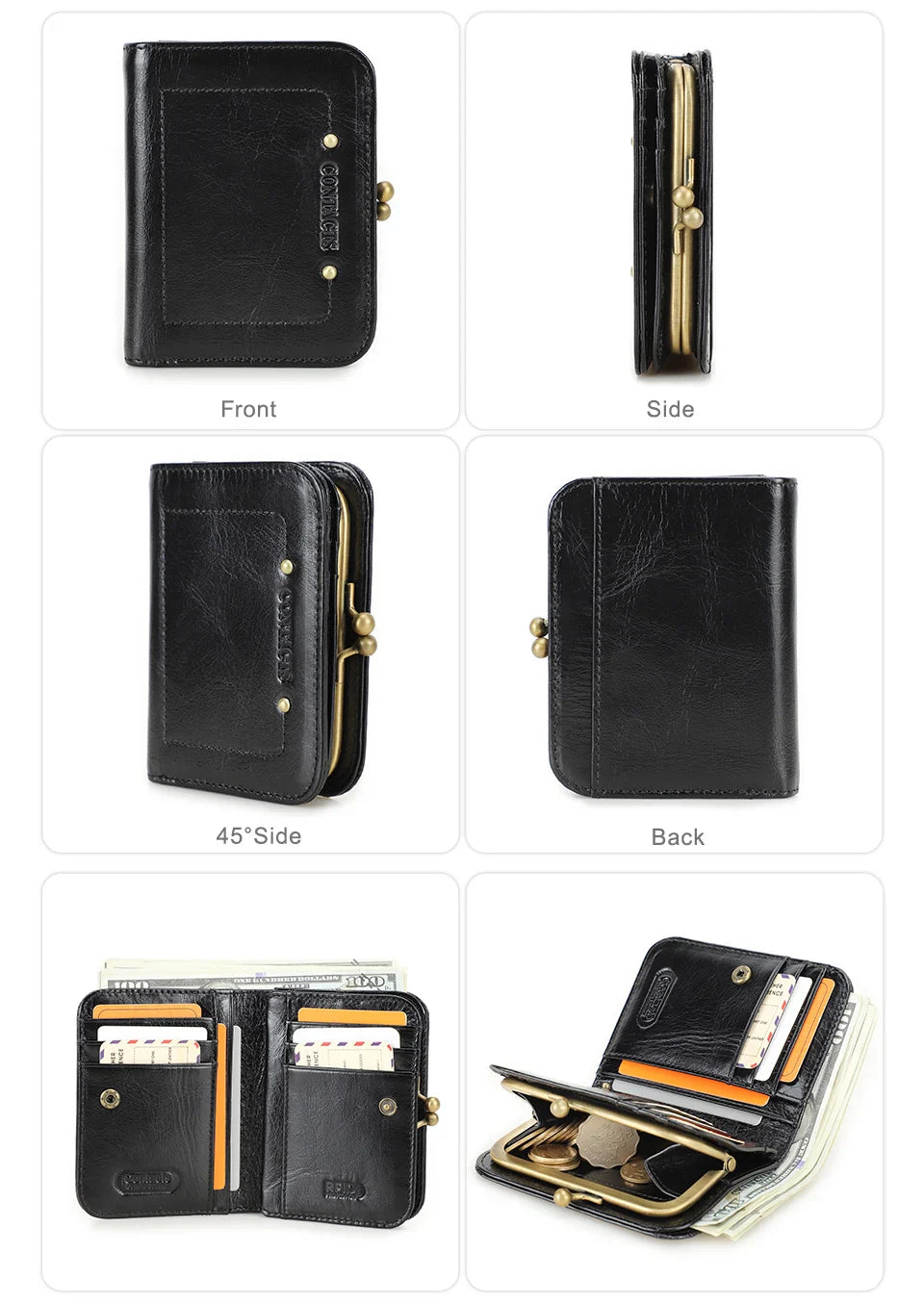 CONTACT'S Genuine Leather Short Wallets for Women Kiss Lock Classic Wallet Metal Frame Coin Purses Card Holder Money Clip Bags