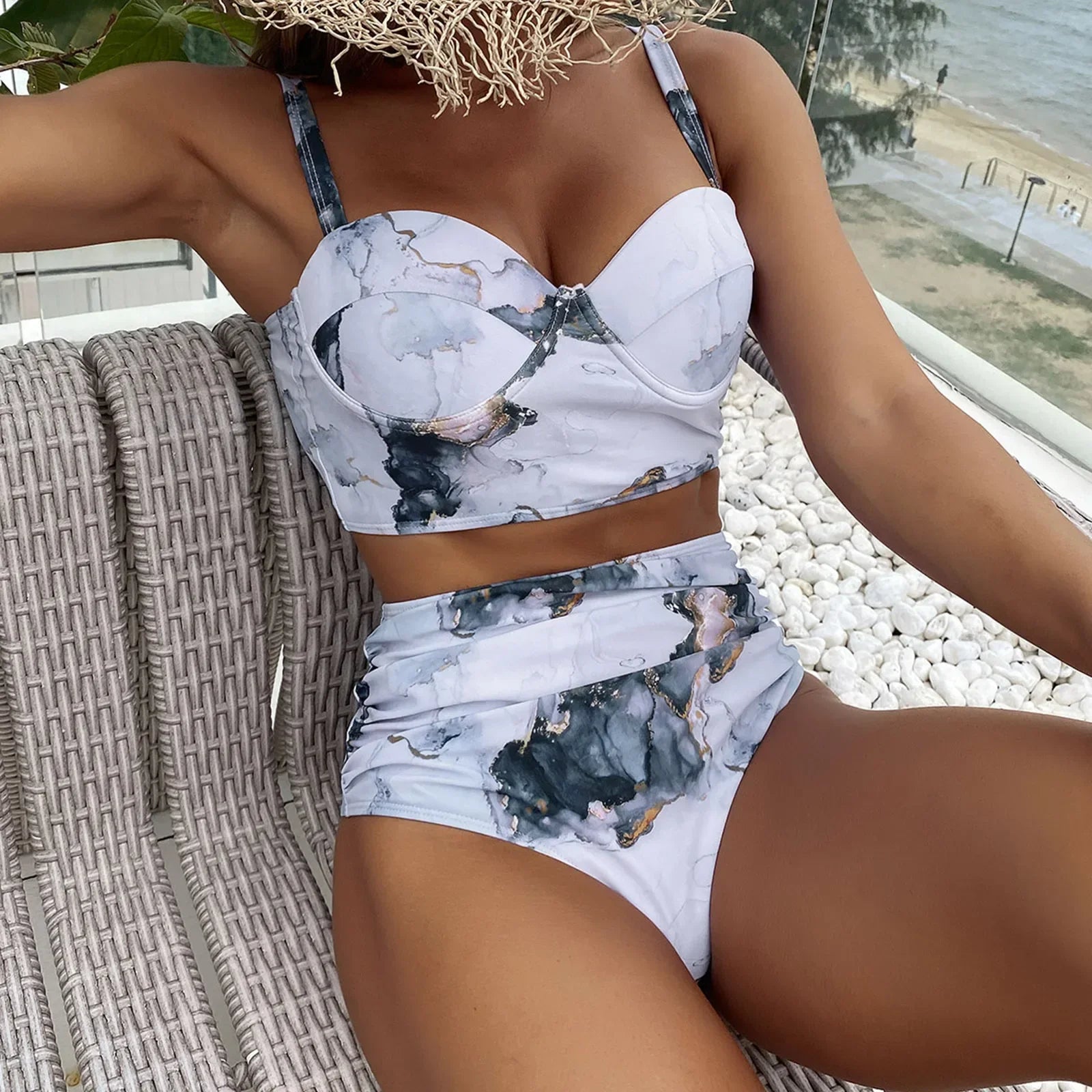 2024 Summer New Bikini Push Up Swimsuit Women Halter High Waist Swimwear Female Printed Bathing Suit Bathers