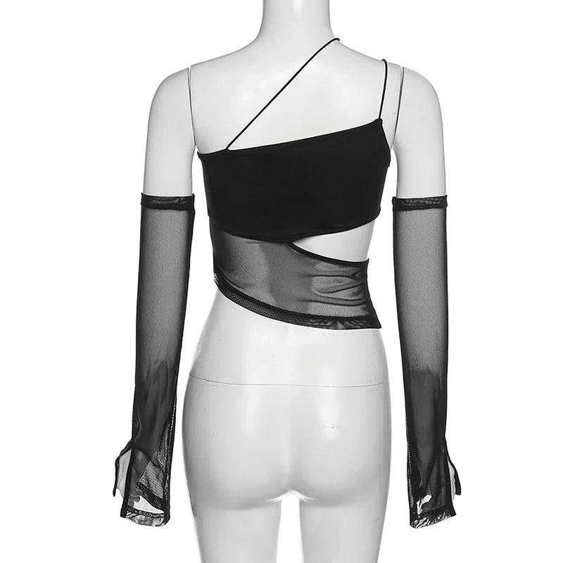 Asymmetrical Cut Out Mesh Crop Top with Sleeves Fairy Grunge  Clothes Transparent Camisole Tank Tops