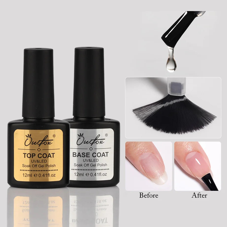 12ml Soak Off Nail Top Coat and Base Coat Set No Wipe UV Gel Nail Polish Semi Permanent Manicure Art Tool Primer Hybrid Varnish