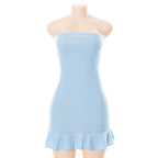 CUTENOVA Women Soft  Tender Slight Blue Strapless Wrap Hipster Mini Pleated Dress Pullover Sexy Charm Outfits Girls Dating Wear