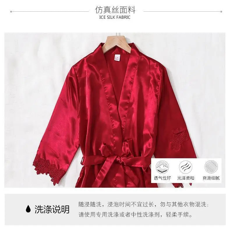 5PCS Women's Ice Silk Sexy Pajama Set Breathable Lace Satin Pajama Bathrobe Five Piece Set Casual Home Clothes Spring and Summer