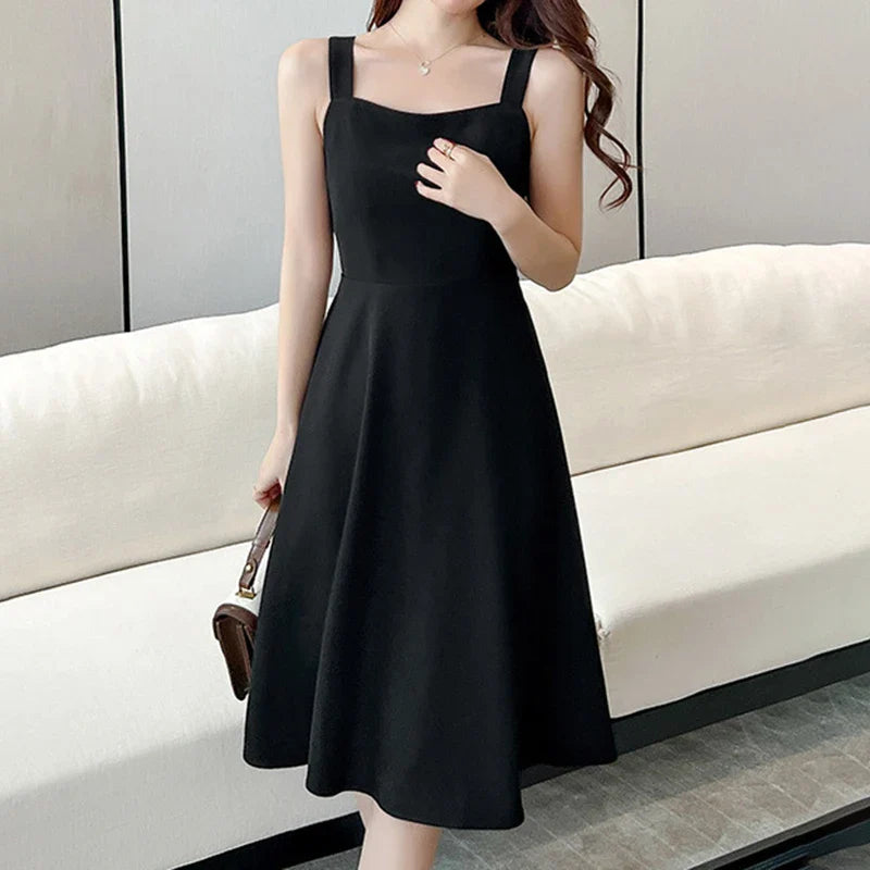 Elegant Black Midi Strapless Dress French Style Birthday Party Slimming Fit Pure Desire Design  Polyester Fiber