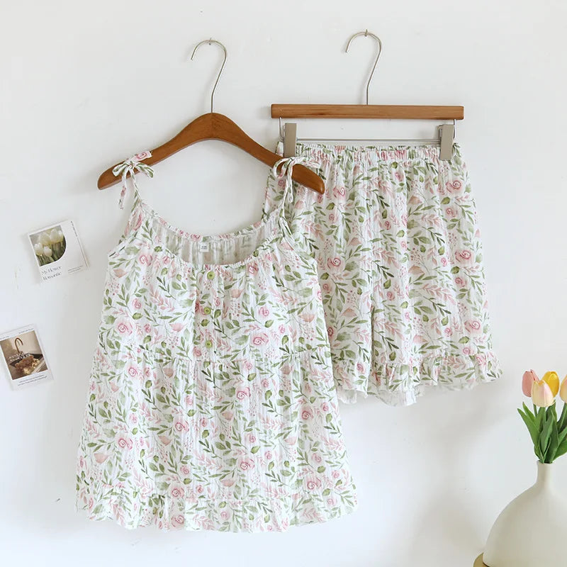 2025 Japanese Summer New Women's Pajama Set 100% Cotton Crepe Cloth Ladies Suspender+Shorts Two Piece Home Furnishing Set