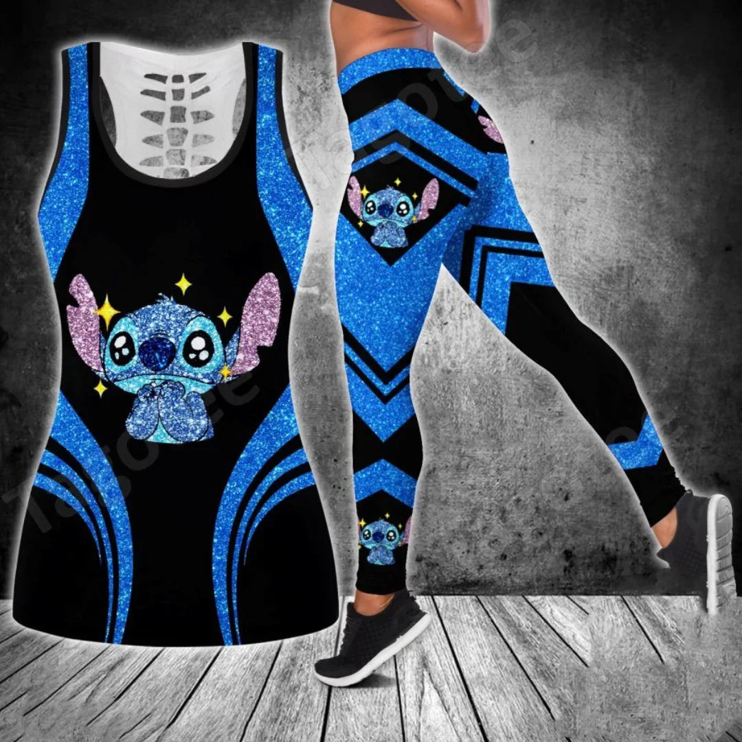 2024 Disney Stitch Women's Hollow Tanktop Yoga Set Summer Fitness Leggings Tracksuit Disney Cutout Tank Top Leggings Set