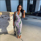 2024 AliExpress European and American cross-border summer fashion print halterneck mid-waist temperament hip wrapping dress