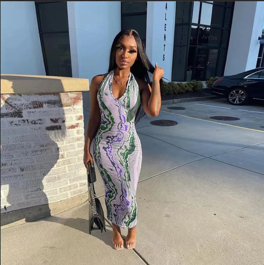 2024 AliExpress European and American cross-border summer fashion print halterneck mid-waist temperament hip wrapping dress