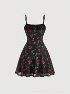 Cherry Printed Vintage Summer Dresses Y2kWomen Swing Robe Party Dress 2025 New Casual Vestidos Sexy Strapless A-Line Sundresses