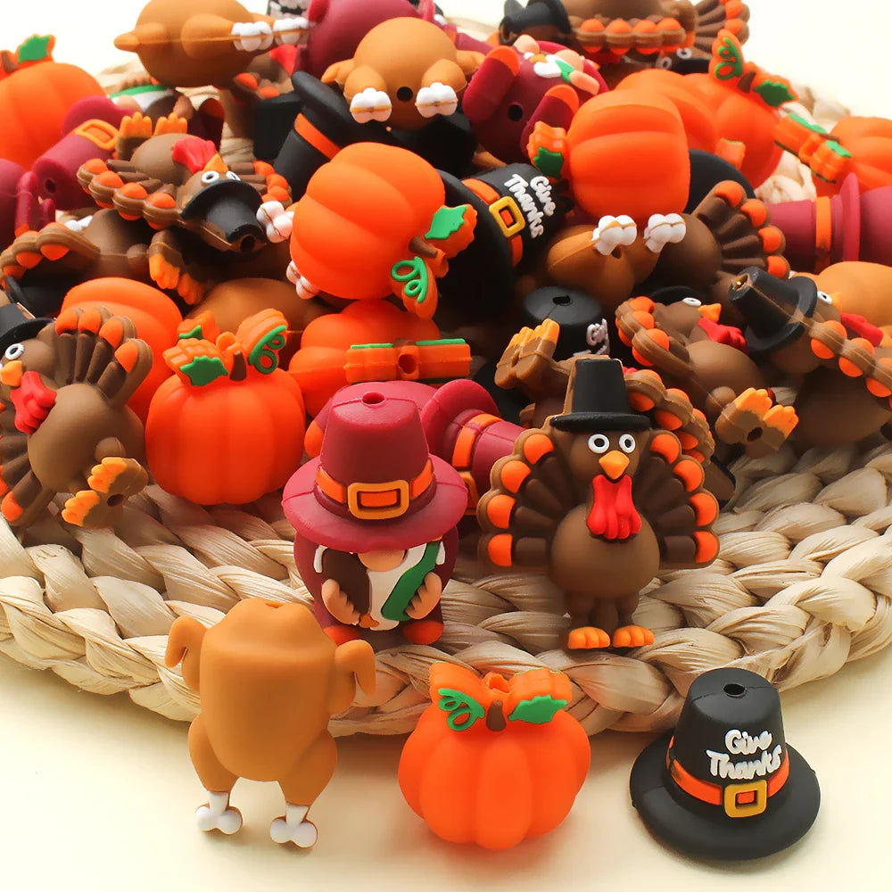 5/10/20pcs Thanksgiving Silicone Beads 3D Pumpkin Turkey  Focal Beads for Jewelry Lanyards Keychain Bracelet Making Pen Decor