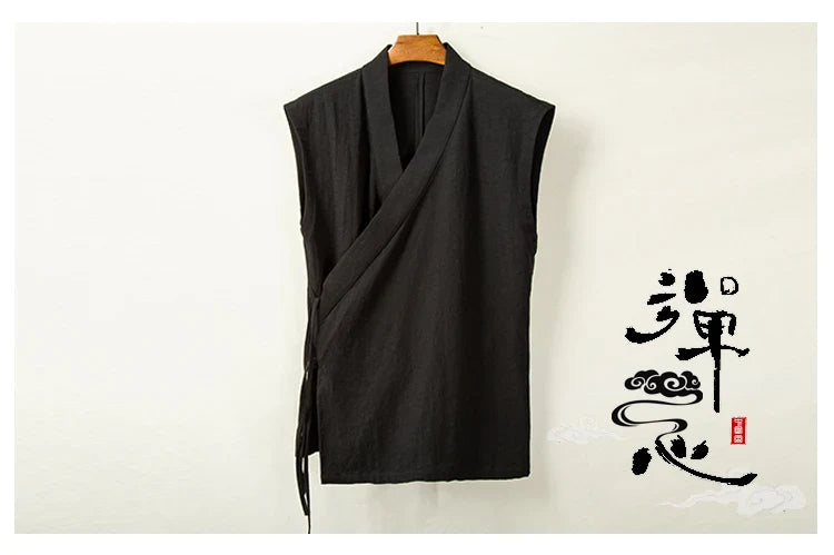 Chinese Traditional Clothing Hanfu Vest Men Linen Cotton Sleeveless Top Men's Tang Suit Kimono Cardigan Men's Slit Top