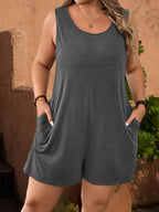 Chic Plus Size Solid Vest Romper - Round Neck Jumpsuit with Pockets, Elegant Casual Summer Outfit for Women