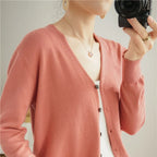 100% Cotton Line Long Sleeve V-Neck Knitted Cardigan Women Loose Short Solid Color Simple Sun Protection SMY K61
