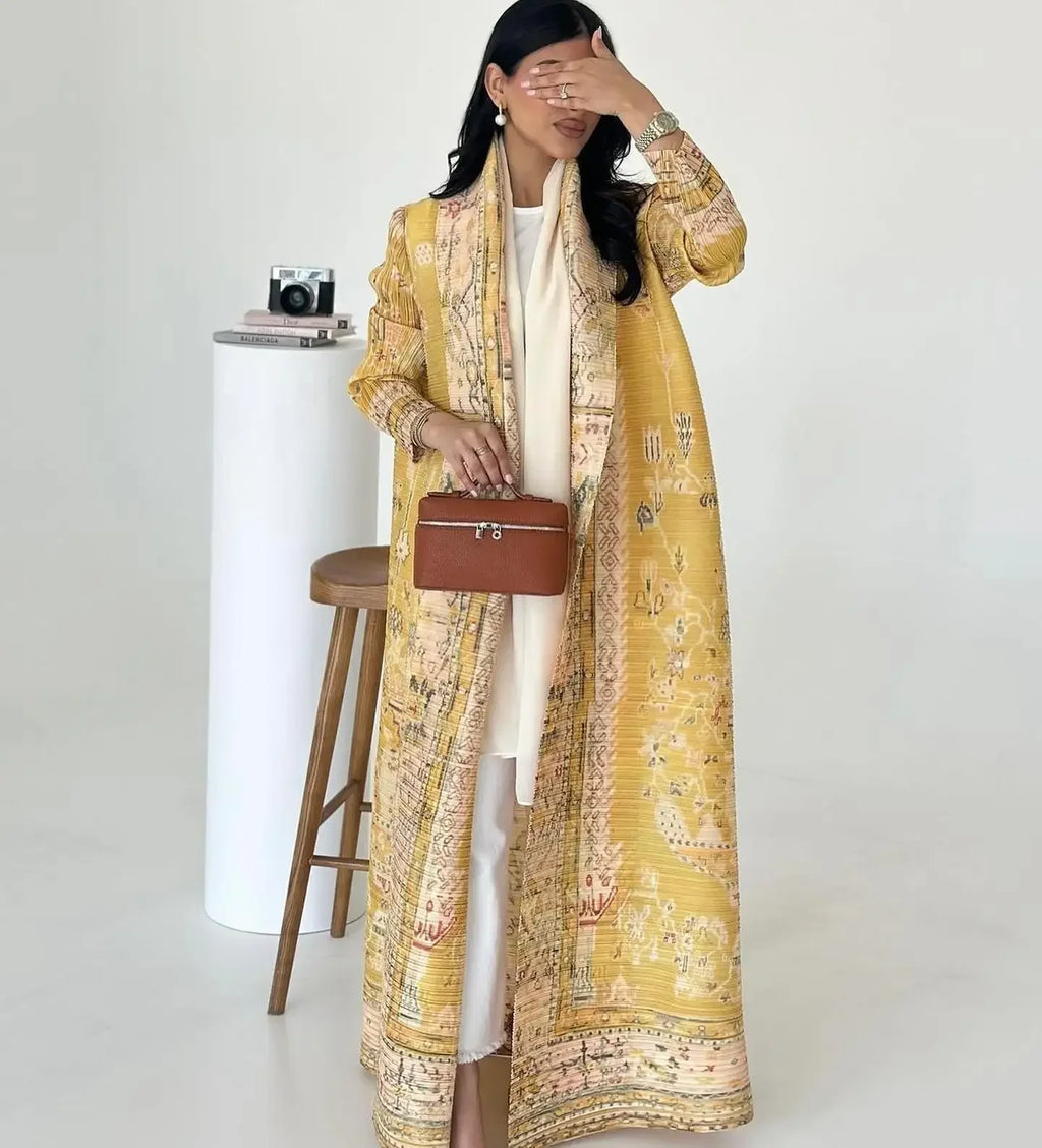 Abaya Ethnic Style Printed Pleated Coat Cape Shawl 2024 Spring/summer Big Collar Lace Up Cardigan Top Long Windbreaker Robe