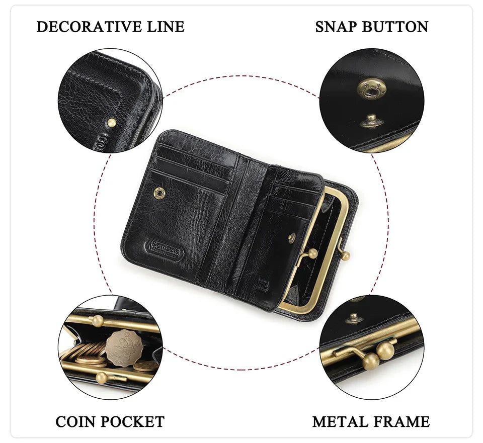 CONTACT'S Genuine Leather Short Wallets for Women Kiss Lock Classic Wallet Metal Frame Coin Purses Card Holder Money Clip Bags