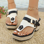 2025 plus-size fashionable summer new height-increasing thick-heeled metal buckle slippers with a one-shoulder beach flip-flops