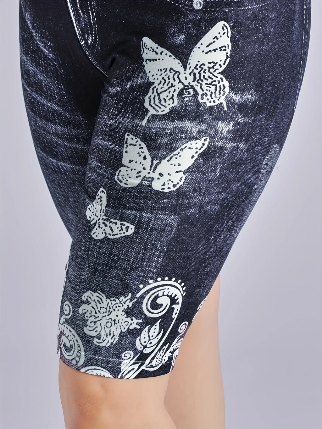 3 Piece Set Of Lmitation Denim Leggings For Women Butterfly Waist Fruit Flower Elastic Shorts High Waist Casual