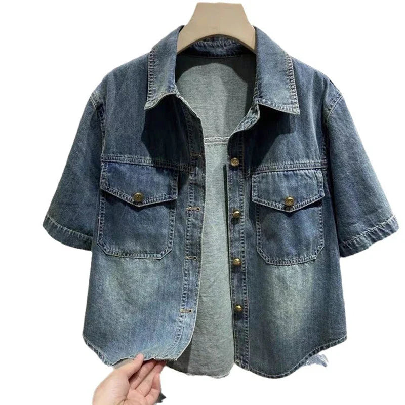 Denim Shirt  Women's Summer 2024 New Turndown Collar Loose Casual Short Jacket Fashion Short Sleeved Single Breasted Thin Top
