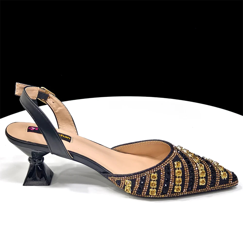 2025 Luxurious Italian Women's Party Shoes & Bag Set â€?Elegant Golden Rhinestone Spring/Summer Sandals with Pointed High Heels f