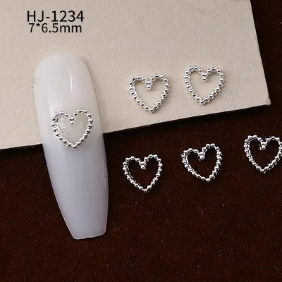 20PCS 3D Glossy Gold Silver Metallic Love Heart Various Crook Frame Solid Alloy Nail Art Rhinestones Decorations Manicure Charms