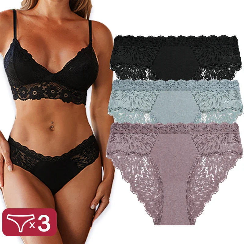 3PCS/Set Sexy Perspective Women Back Lace Panties Patchwork Cotton Underpants Hollow Out Lingerie Underwear Comfortable Briefs