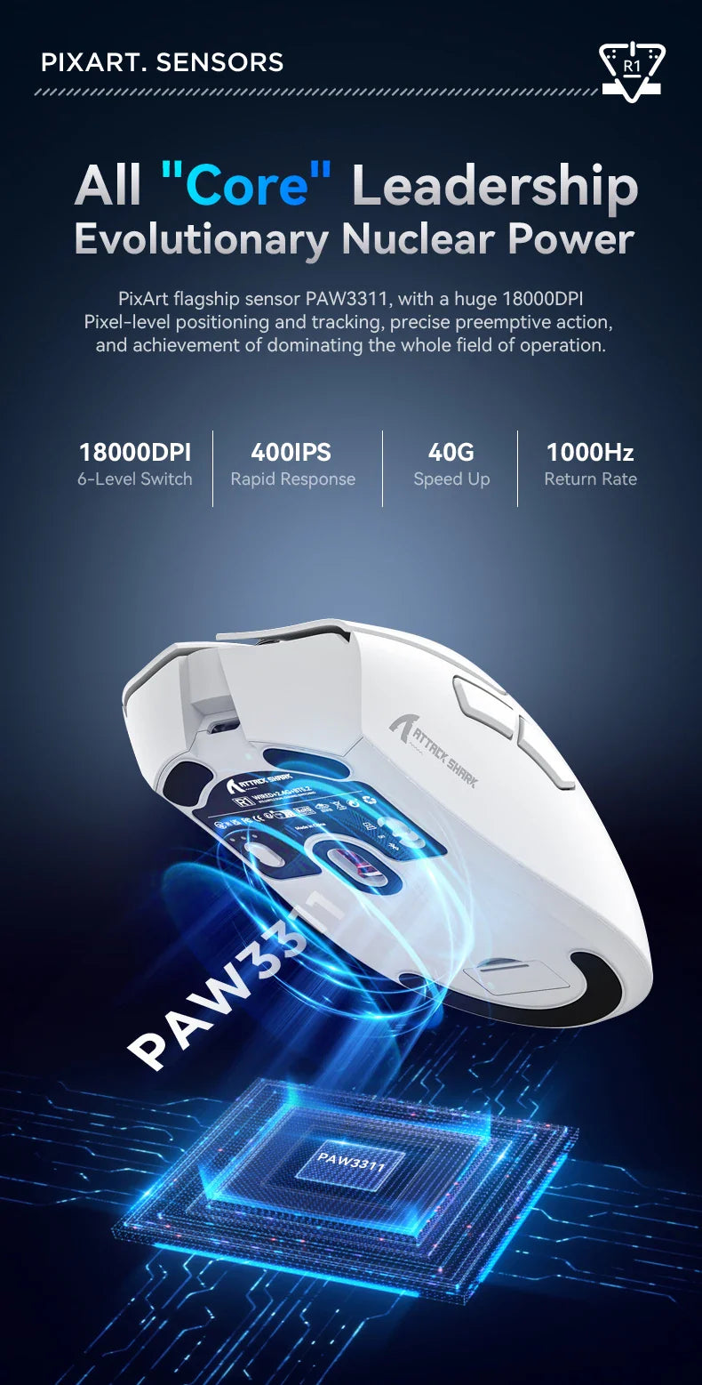 Attack Shark 18000DPI Wireless Mouse, 1000Hz,PAW3311,Bluetooth Tri-mode Connection, R1 Macro Gaming Mouse
