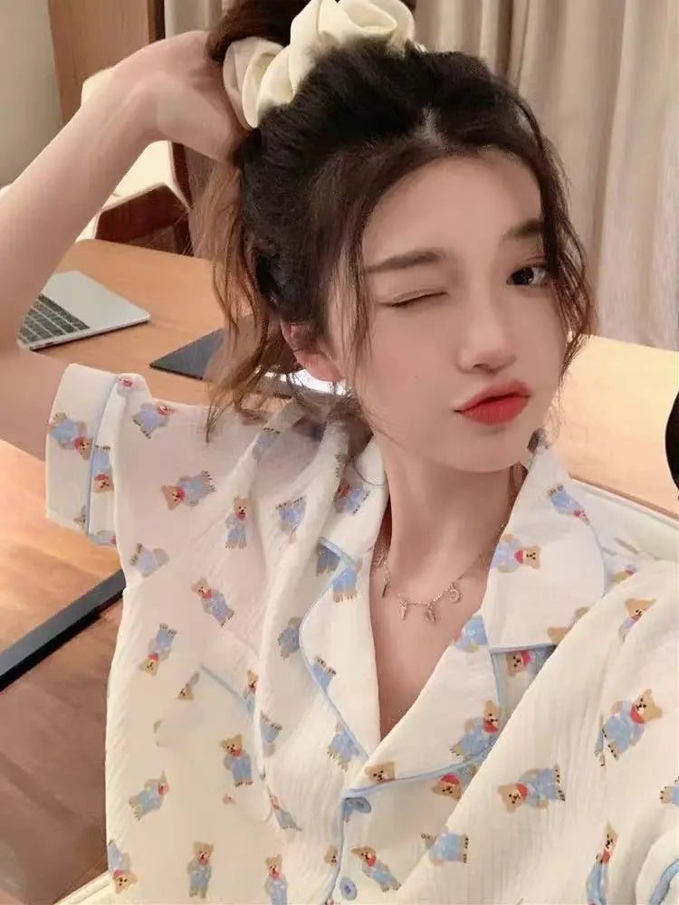 Cute Girl's Summer Cotton Linen ort Sve Nightgown Home Clothes Set Bear Print Gauze Spwear Simple Home Sle