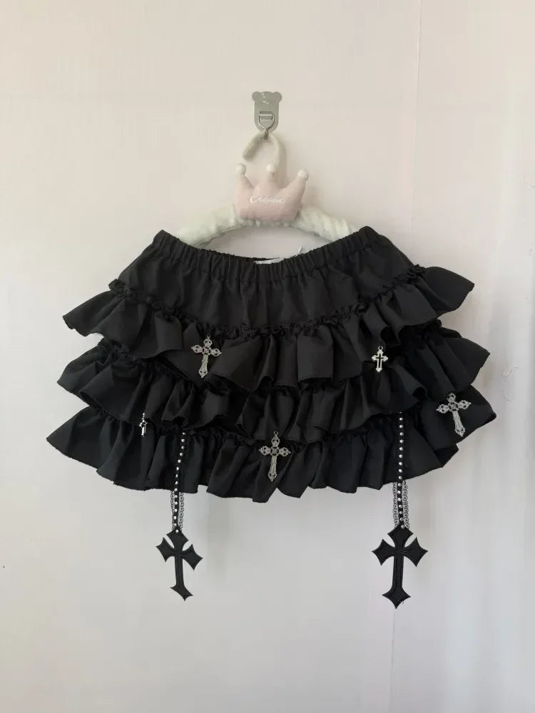 Emo Women Y2K Japanese Goth Elastic Waist Cross Mini Short Skirt High Waist Aesthetic Acubi Ruffle Skirts A-line 2000s Clothes