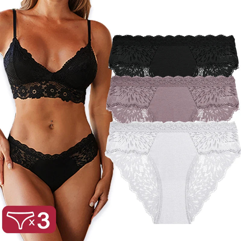 3PCS/Set Sexy Perspective Women Back Lace Panties Patchwork Cotton Underpants Hollow Out Lingerie Underwear Comfortable Briefs