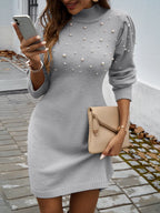2025 Autumn Women Sweater Dresses Pearls Round Neck Long Sleeve Hip Wrap Dress Winter Elegant Ladies Casual Solid Slim Fit Dress
