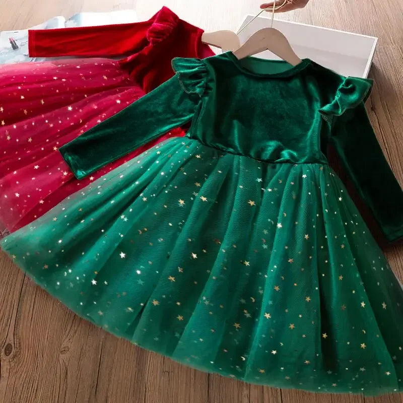2025 Red Christmas Dress for Baby Girls Winter Long Sleeve Mesh Dresses for 3-8Yrs Kid Star Sequin Birthday Party Princess Dress