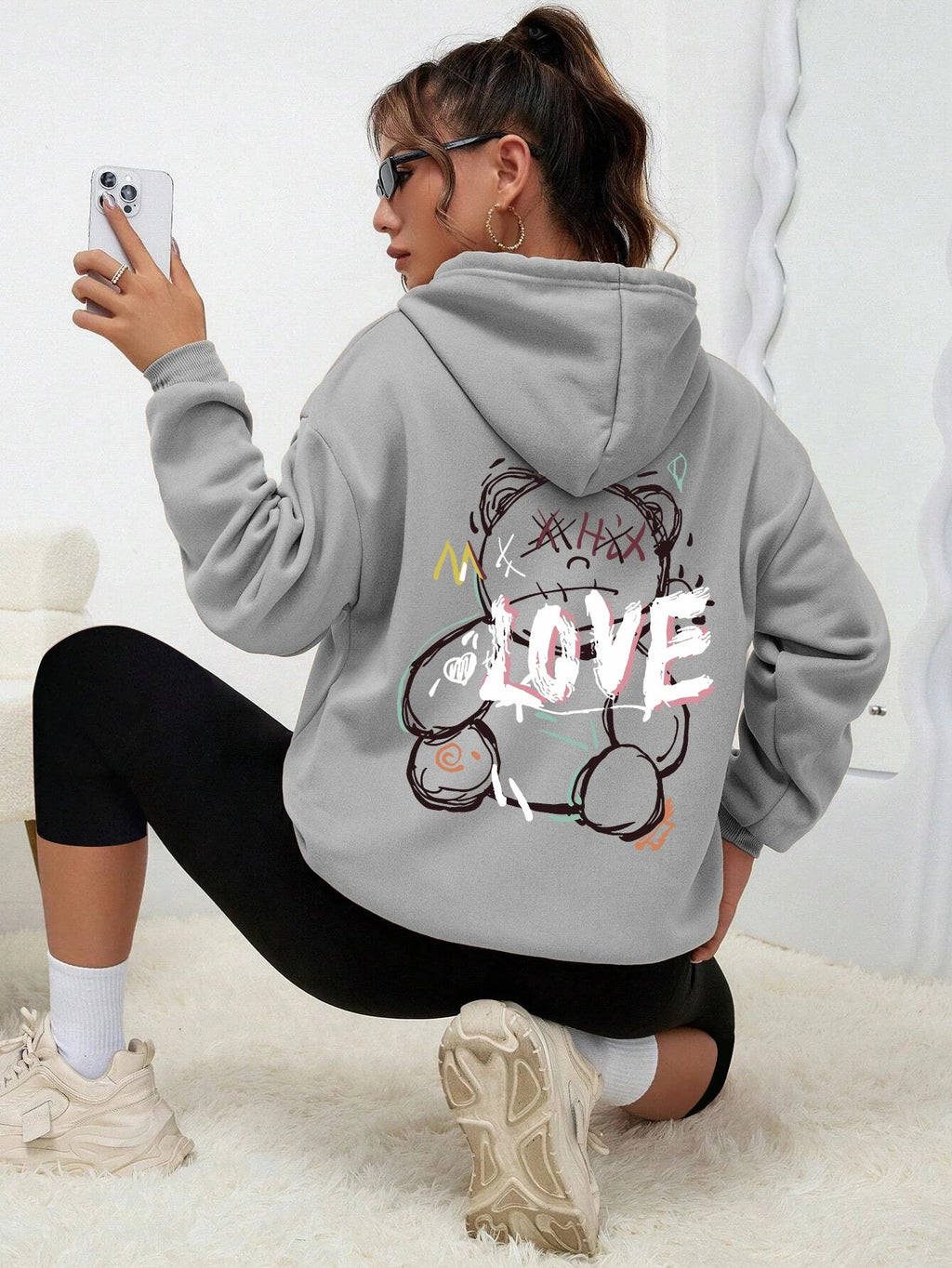 Graffiti Line Bear Simple Print Female Hoody Harajuku S-Xxl Sweatshirt Fashion Casual Street Hooded Autumn Warm Streetwear Women