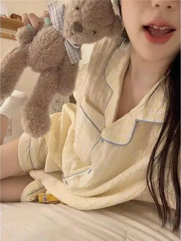 Cute Girl's Summer Cotton Linen ort Sve Nightgown Home Clothes Set Bear Print Gauze Spwear Simple Home Sle