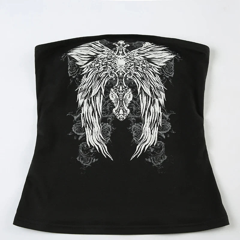 CIBBAR Gothic Print Black Tube Top Women Strapless Skinny Cropped Tops Summer Casual Chic Graphic Tees y2k Streetwear Vest Basic