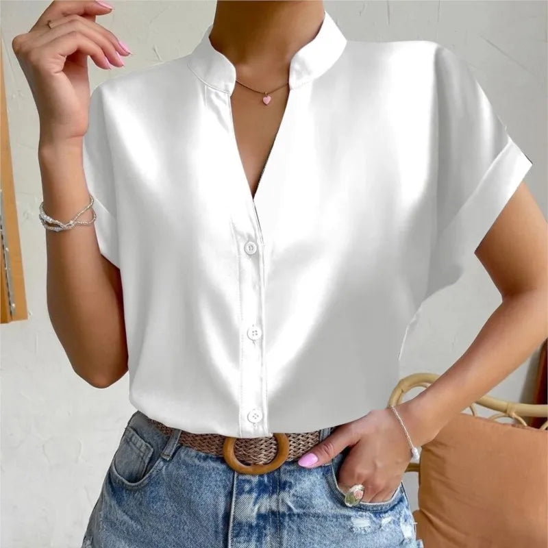 2024 Summer V-neck Women's Shirt Casual Office Lady Solid Color Short Sleeve Single Breasted Elegant Women Blouse Femme Blusas
