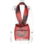 Combhasaki Womens Summer Beachwear Y2K Halter Deep V-Neck Sleeveless Backless Flower Tie-dye Print Bodycon Slim Short Mini Dress