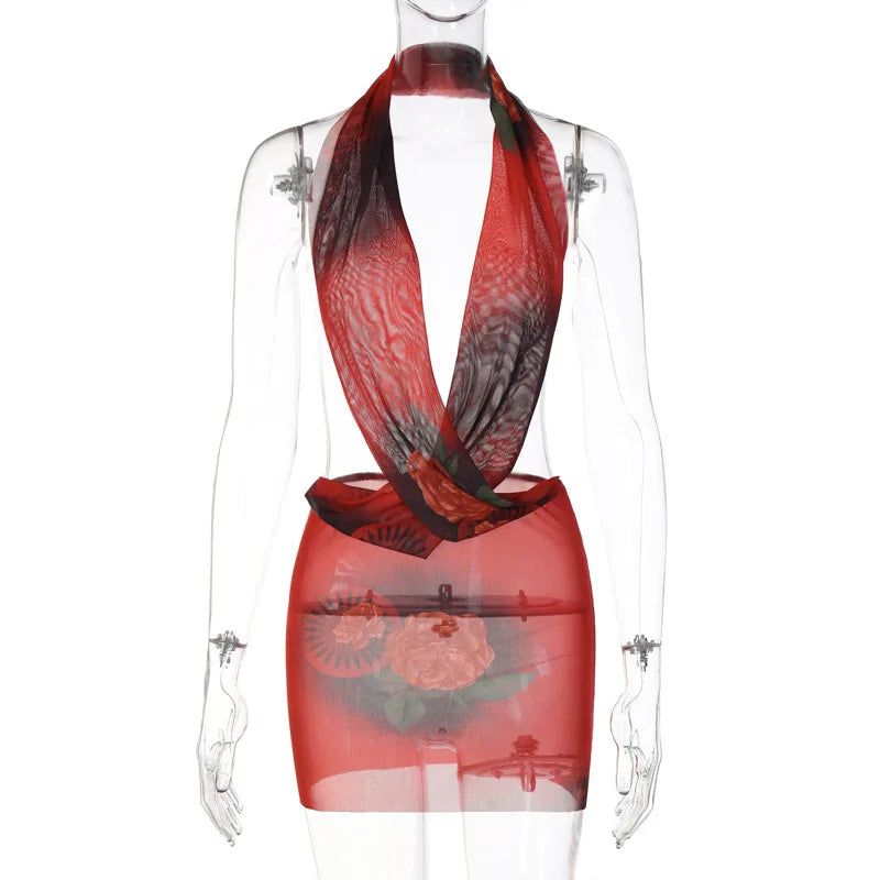 Combhasaki Womens Summer Beachwear Y2K Halter Deep V-Neck Sleeveless Backless Flower Tie-dye Print Bodycon Slim Short Mini Dress