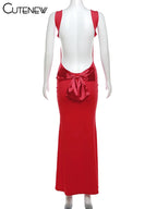 Cutenew Women's Elegant Solid Maxi Dress Sexy Halter Spaghetti Lady Long Dresses Bowknot Lace-up Girl Backless Female Party Robe