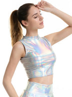 CHSDCSI Sexy Slim Shiny Sleeveless Vest Women High Street Tanks Summer Short Tops Fashion Punk Silver Gold Crop Clubwear