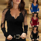 Elegant Mesh Blouse Women Slim Elastic V-neck Printed Lace Sexy Long Sleeve Top Fashion Streetwear Tops Blusas Mujer De Moda