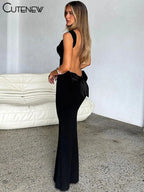 Cutenew Women's Elegant Solid Maxi Dress Sexy Halter Spaghetti Lady Long Dresses Bowknot Lace-up Girl Backless Female Party Robe
