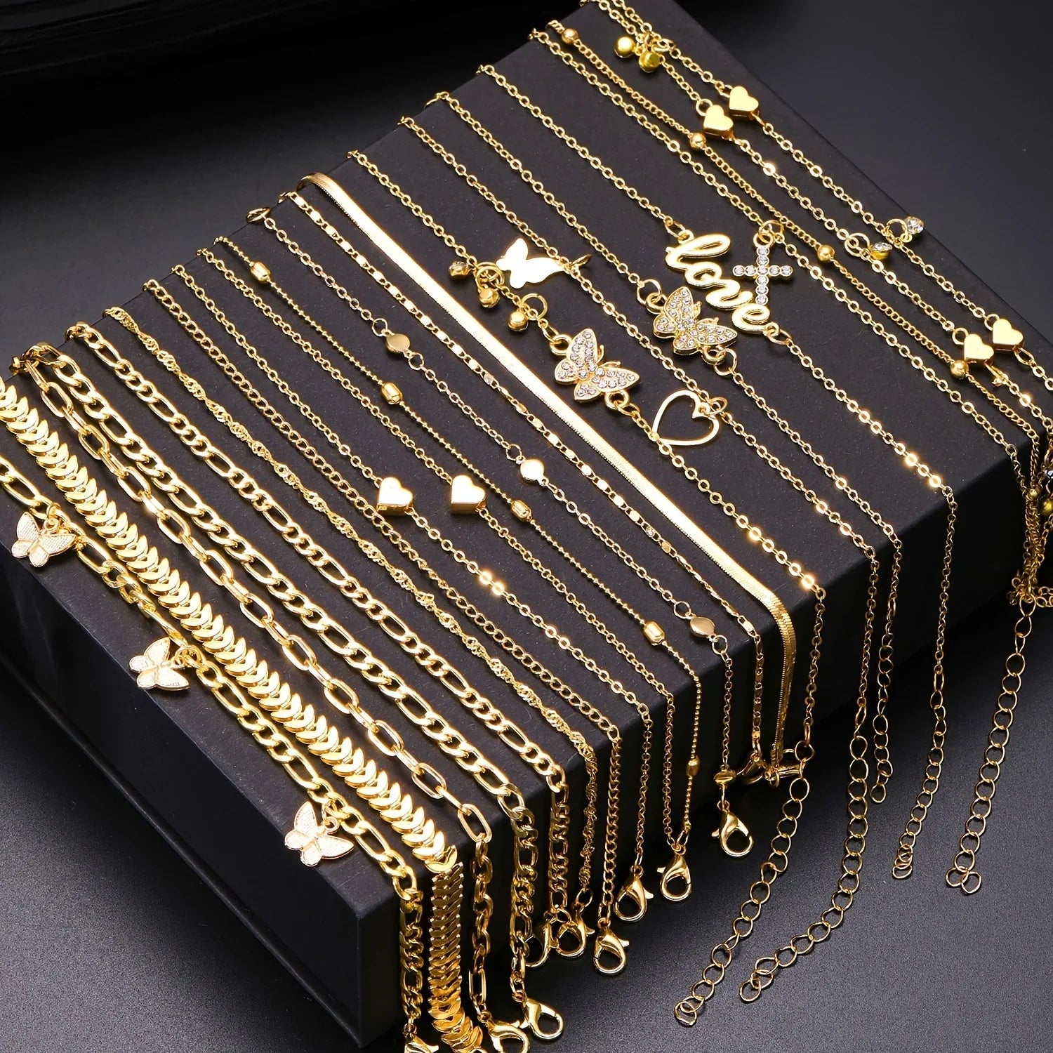 18Pcs Bohemian Summer Beach Anklet Set For Women Vintage Butterfly Heart Crystal Pendant Foot Bracelets Fashion Jewelry Gift New