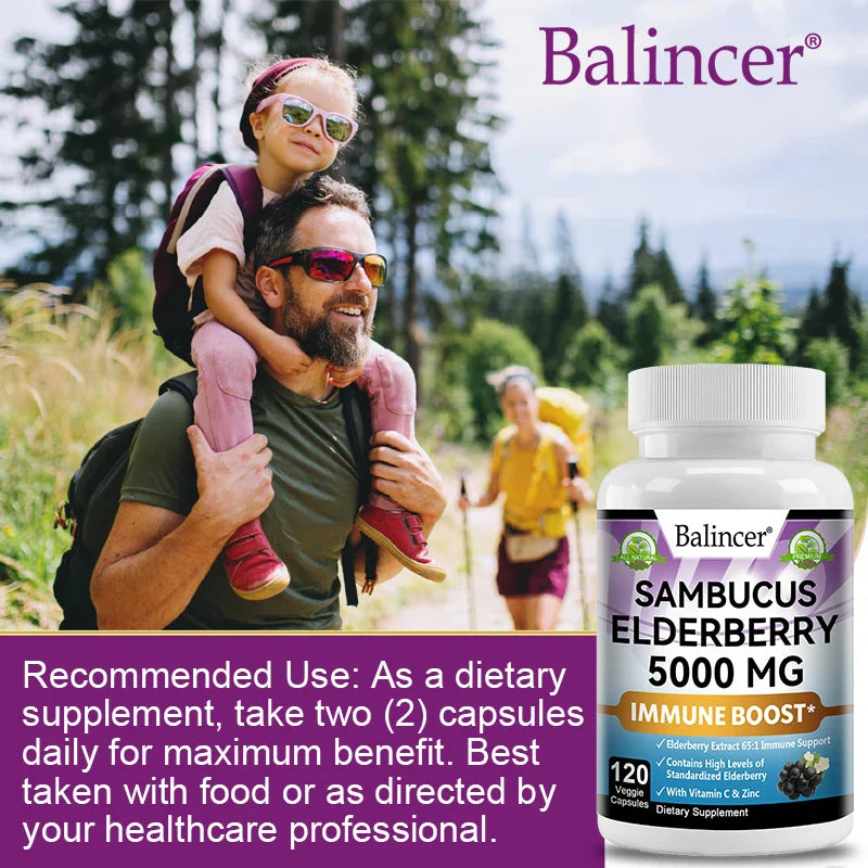 Elderberry - 5000 mg Per Serving, Vitamin C & Zinc, ImmunoBooster for Immune Support, Skin Health, 120 Veggie Capsules