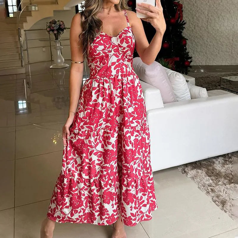 Bohemian Beach Sundresses For Women Fashion Floral Printed Sexy Sling Maxi Dresses Oversized Ladies Casual Long Dress