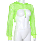 CIBBAR Street Style Fishnet Holes T Shirt See Through Hollow Out Hooded Full Sleeve Crop Top Women Casual Loose Shirt Smock Fall