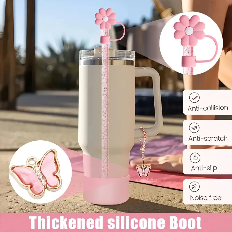 6pcs Reusable Accessories Set for Stanley 40oz Tumblers - Bow Straw Covers, Sparkling Straw, Protective Boot, Charm Chains