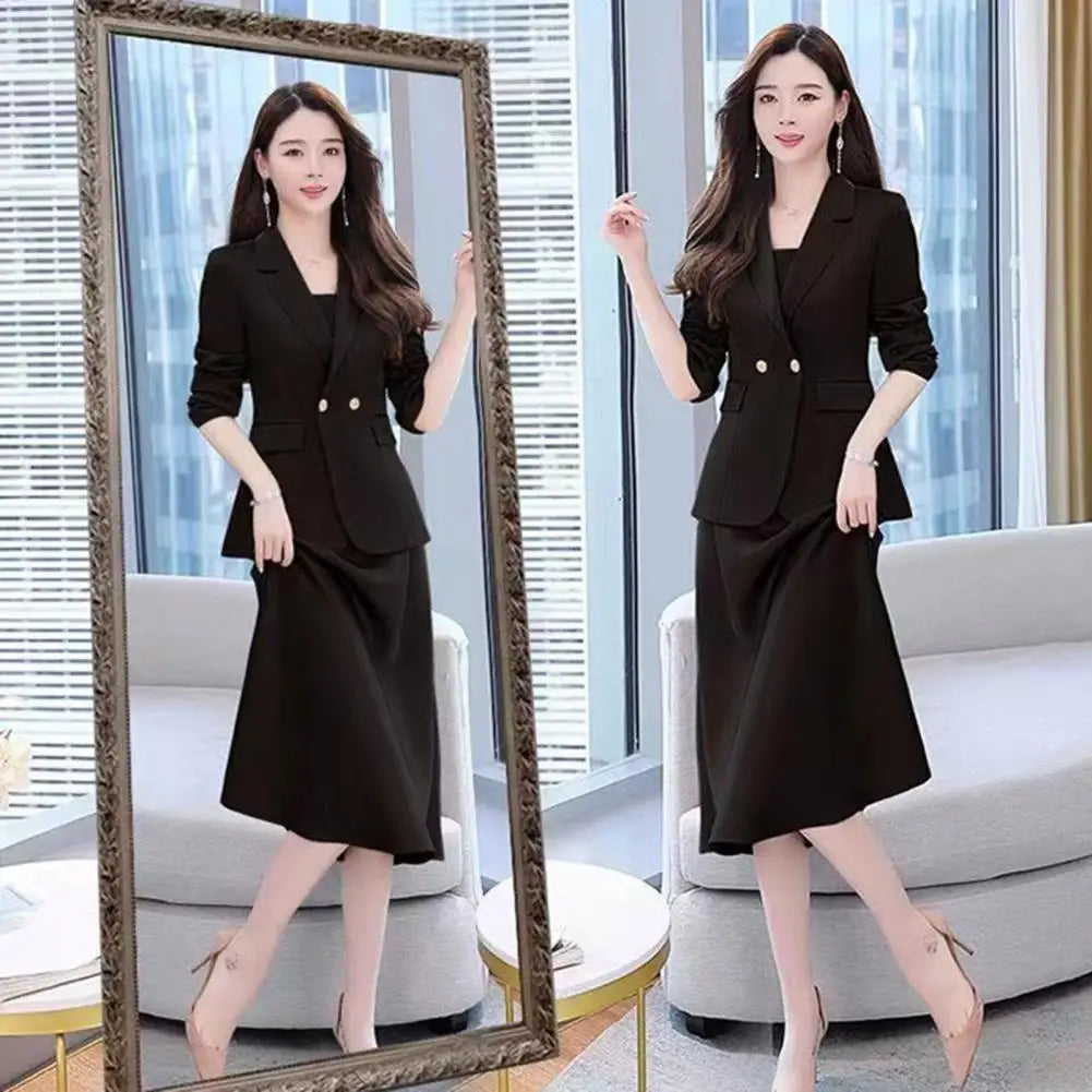 2Pcs/Set Summer Women Suit Dress Outfit  Solid Color Mid-length Lady Dress Sets Light Luxury Commute Sling Dress Coat Set