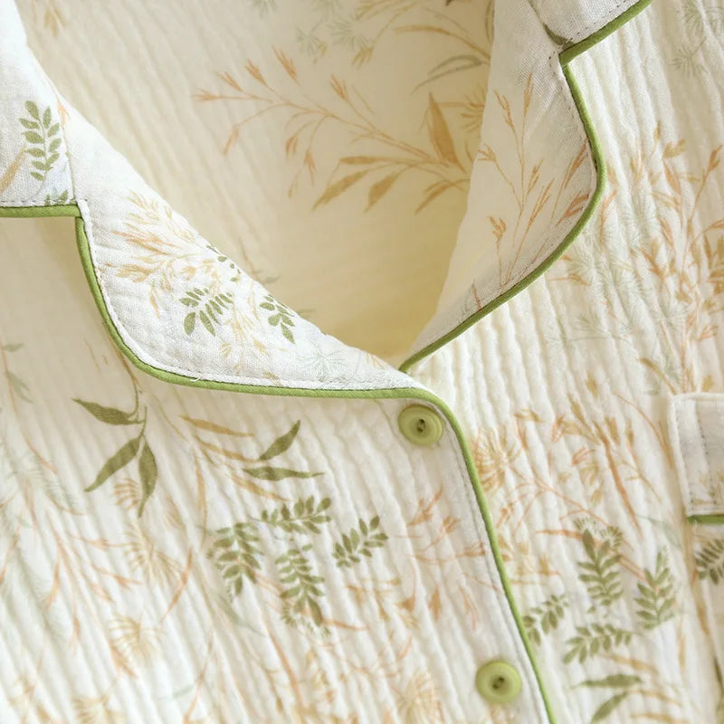 2025 New Spring and Autumn Women's Pajama Set 100% Cotton Crepe Printed Long Sleeve Pants Two Piece Home Suit Set Sleepwear